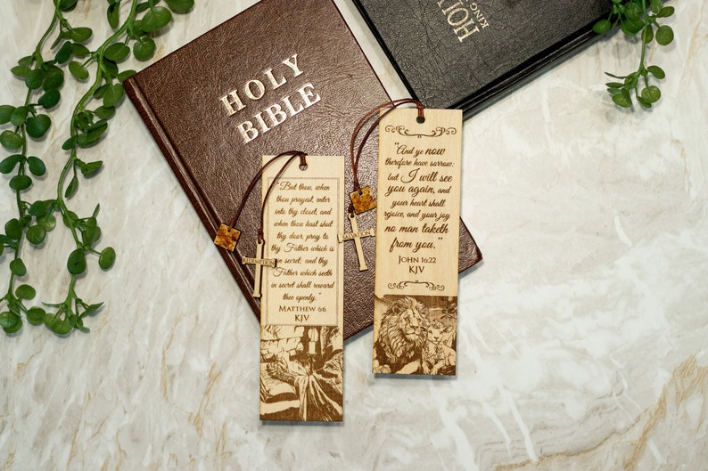 Set of 2 Engraved Christian Bible Verse Wooden Bookmarks With Real Baltic Amber Pendant King James Version, A Great Gift image 1