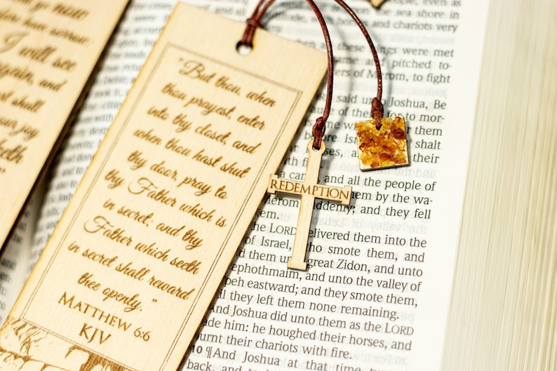 Set of 2 Engraved Christian Bible Verse Wooden Bookmarks With Real Baltic Amber Pendant King James Version, A Great Gift image 9