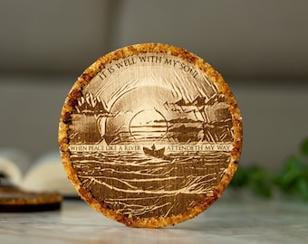 2 Laser Engraved Wooden Christian Coasters With Baltic Amber | Old Hymn 'It Is Well With My Soul' | A Great Gift