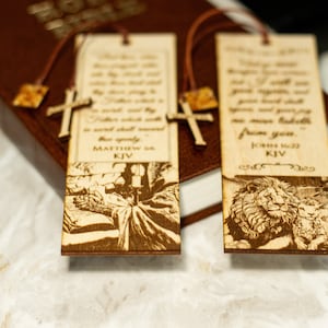 Set of 2 Engraved Christian Bible Verse Wooden Bookmarks With Real Baltic Amber Pendant King James Version, A Great Gift image 5