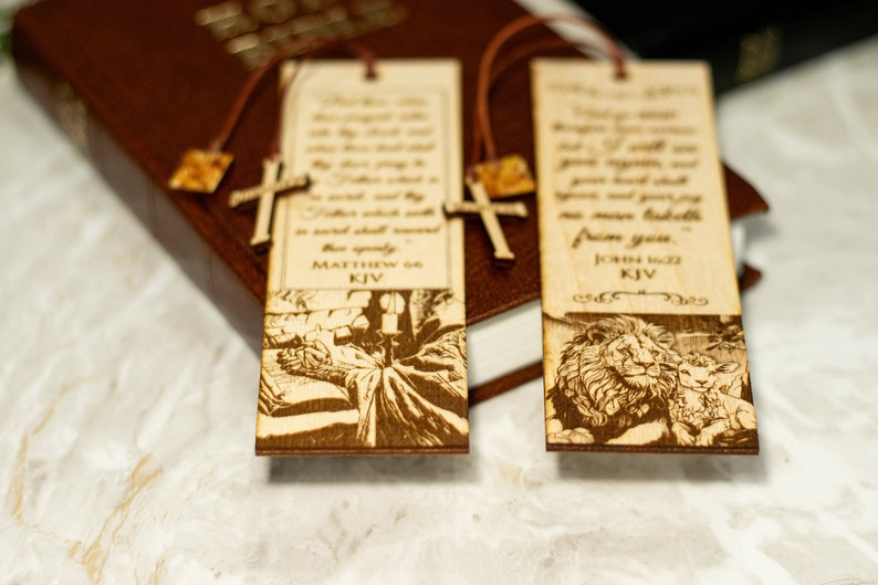 Set of 2 Engraved Christian Bible Verse Wooden Bookmarks With Real Baltic Amber Pendant King James Version, A Great Gift image 5