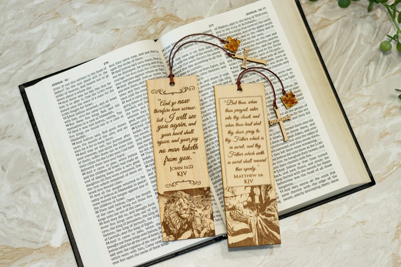 Set of 2 Engraved Christian Bible Verse Wooden Bookmarks With Real Baltic Amber Pendant King James Version, A Great Gift image 10