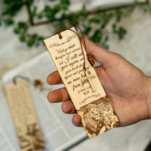 Set of 2 Engraved Christian Bible Verse Wooden Bookmarks With Real Baltic Amber Pendant King James Version, A Great Gift image 3