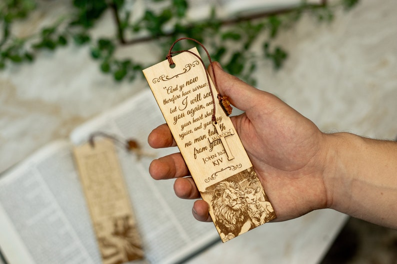 Set of 2 Engraved Christian Bible Verse Wooden Bookmarks With Real Baltic Amber Pendant King James Version, A Great Gift image 3