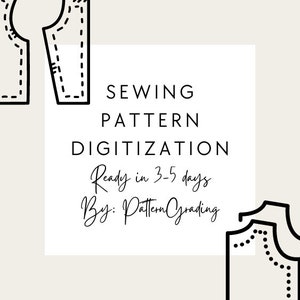 Puede incluir: Ilustración en blanco y negro de un patrón de costura para una blusa sin mangas. El texto dice "Sewing Pattern Digitization Ready in 3-5 days By: PatternGrading".