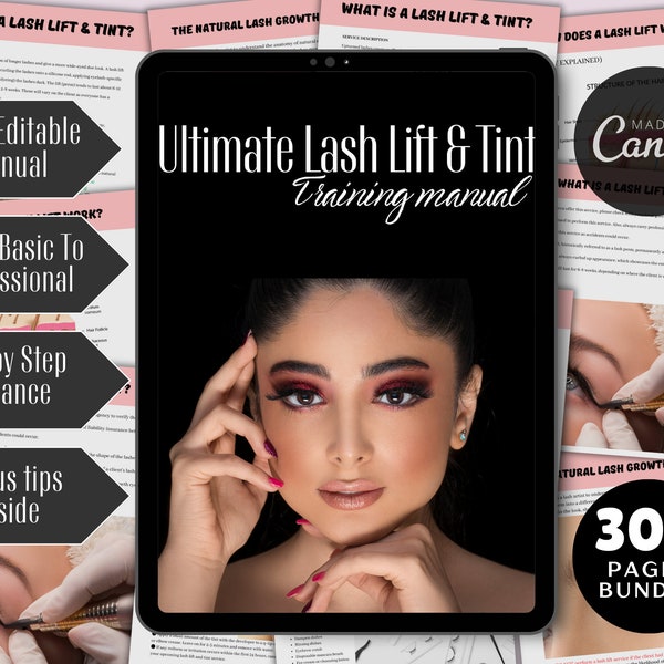 Lash Lift & Tint Editable Manual Canva Course Ebook Tutorial Step by Step Lesson Trainer Educator Student Learn Guide Template Training