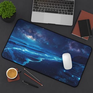 Bioluminescent Beach Desk Mat, Glowing Waves Keyboard Mat, Office Accessory Gift, Ocean Theme Large Desk Decor, Starry Night Sky Mousepad image 5