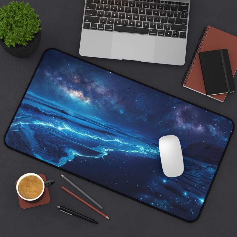 Bioluminescent Beach Desk Mat, Glowing Waves Keyboard Mat, Office Accessory Gift, Ocean Theme Large Desk Decor, Starry Night Sky Mousepad image 5