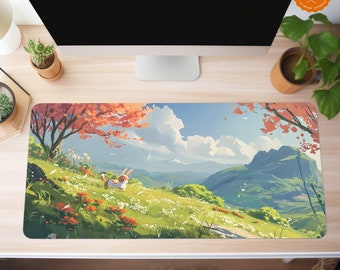 May include: A colorful landscape scene with a small brown and white rabbit in a field of green grass and flowers. The background features a mountain range with a snowy peak and a blue sky with white clouds.