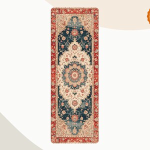 May include: A long, rectangular yoga mat with a vintage Persian rug design. The mat features a central medallion with intricate floral patterns in shades of red, blue, and cream, surrounded by a border of repeating floral motifs. The mat is perfect for adding a touch of traditional style to your yoga practice.