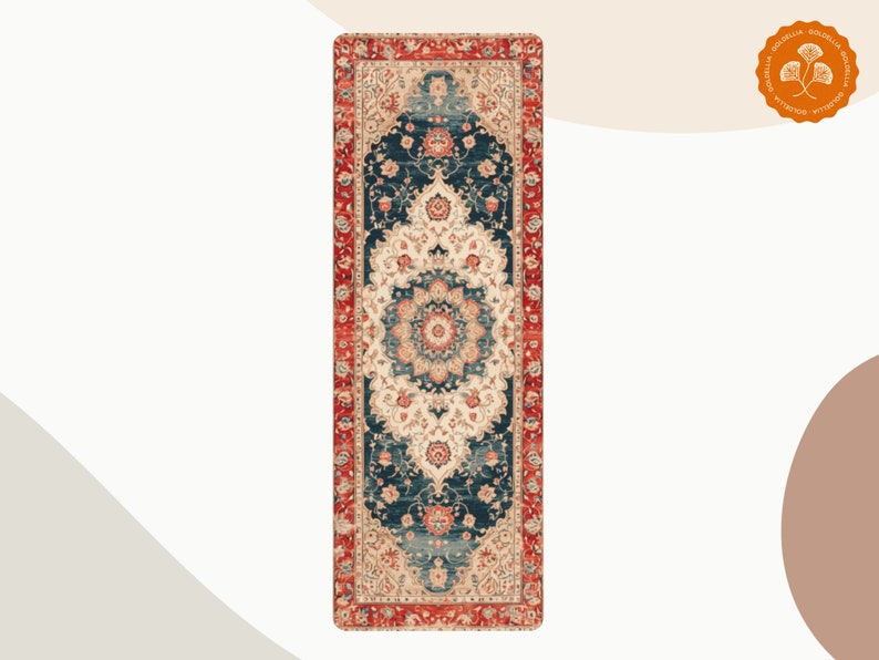 May include: A long, rectangular yoga mat with a vintage Persian rug design. The mat features a central medallion with intricate floral patterns in shades of red, blue, and cream, surrounded by a border of repeating floral motifs. The mat is perfect for adding a touch of traditional style to your yoga practice.