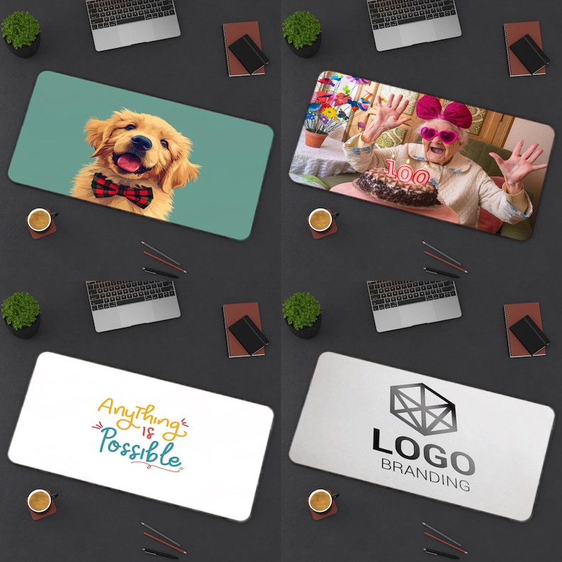 Pu&ograve; includere: Quattro tappetini per mouse rettangolari con diversi design. Uno presenta un cucciolo di golden retriever con un papillon rosso e nero. Un altro mostra una donna che festeggia il suo 100&deg; compleanno. Il terzo tappetino ha il testo "Anything is Possible". L'ultimo mostra un logo con le parole "Logo Branding".
