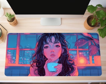 May include: A digital illustration of a woman with long dark hair, wearing a white shirt, holding a blue cup of coffee. The background is a city scene at night with a window and rain.