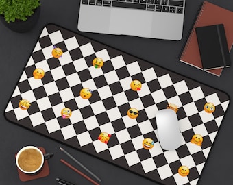 Desk Mat: Cute Checkered Aesthetic Deskmat, Unique Office Accessory, Black & White Emoji Checkerboard, Funky Mousepad, Cozy Gamer Decor