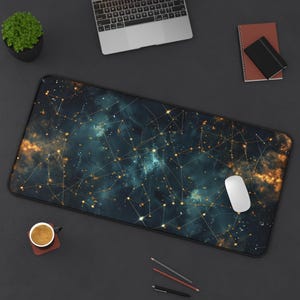 Celestial Desk Mat, Gold Star Map Mousepad, Night Sky Moon Constellation, Cosmic Astrology Lightweight Rubber Office Mat, Best Gamer Gift