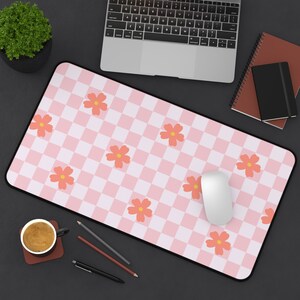 Desk Mat: Cute Pink Checkered Aesthetic Deskmat, Unique Office Accessory, Floral Vintage Look Checkerboard, Funky Mousepad, Cozy Gamer Decor 12" × 22"