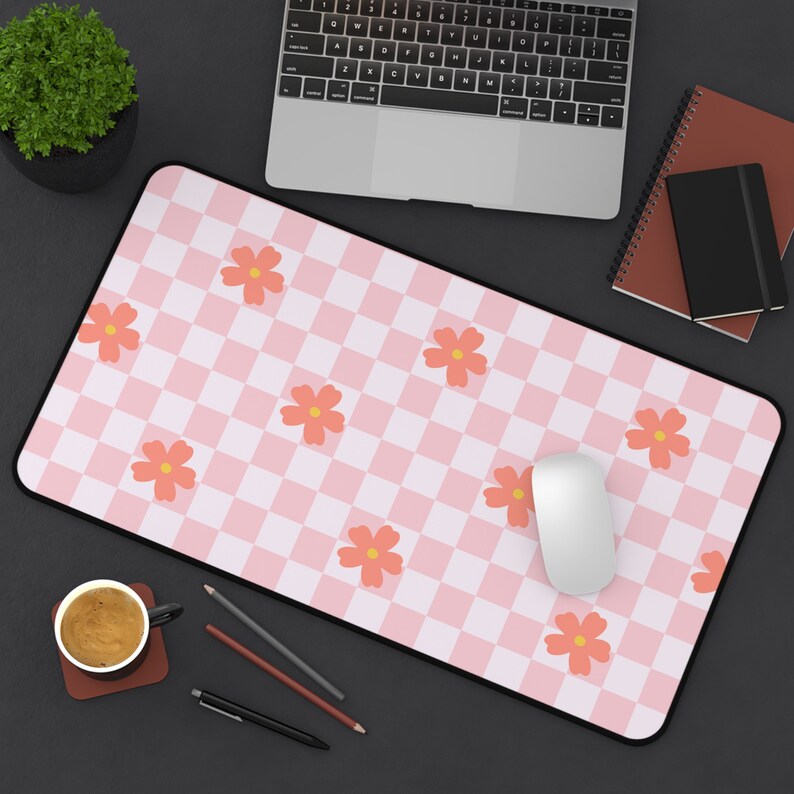 Desk Mat: Cute Pink Checkered Aesthetic Deskmat, Unique Office Accessory, Floral Vintage Look Checkerboard, Funky Mousepad, Cozy Gamer Decor 12" × 22"