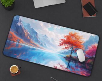 Desk Mat: Cozy Gamer Decor, Cute Anime Style Kawaii Japan, mountain lake landscape, Japanese Cherry Blossom Aesthetic Computer, Keyboard Mat