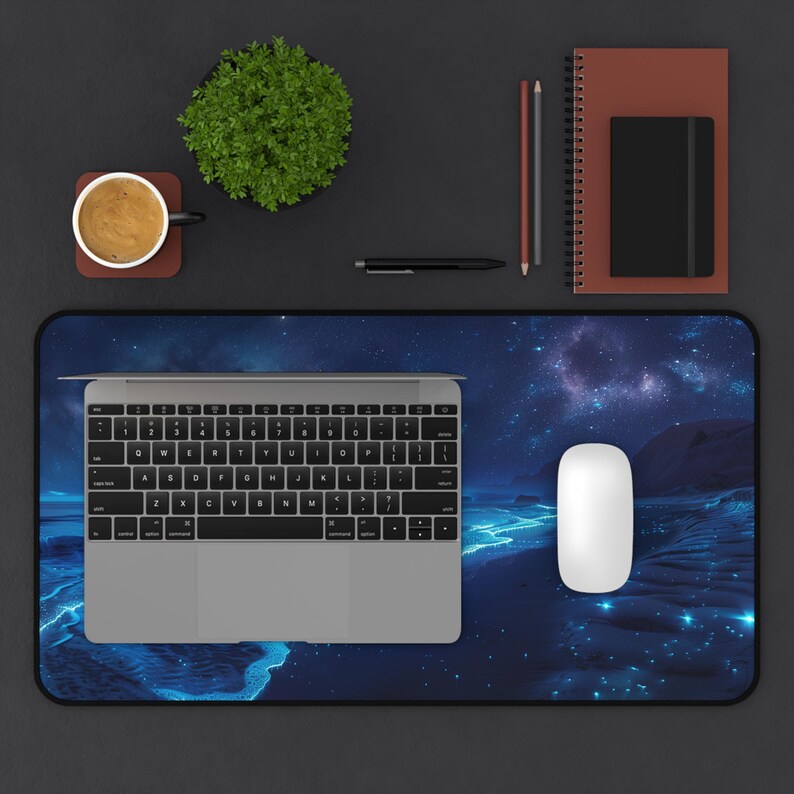 Bioluminescent Beach Desk Mat, Glowing Waves Keyboard Mat, Office Accessory Gift, Ocean Theme Large Desk Decor, Starry Night Sky Mousepad 12" × 22"