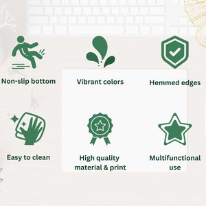 May include: A green and white mousepad with a non-slip bottom, vibrant colors, hemmed edges, and a star icon. The mousepad is easy to clean and made of high-quality material. It is multifunctional and can be used for various purposes.