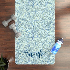 Personalized Yoga Mat: Custom Name, Natural Rubber Fitness Mat, Anti-Slip Exercise Mat, Green Floral Art Nouveau Meditation Mat Gift for Her
