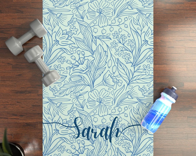 Personalized Yoga Mat: Custom Name, Natural Rubber Fitness Mat, Anti-Slip Exercise Mat, Green Floral Art Nouveau Meditation Mat Gift for Her