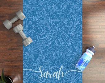 Personalized Yoga Mat: Custom Name, Natural Rubber Fitness Mat, Anti-Slip Exercise Mat, Blue Floral Botanical Meditation Mat, Gift for Her