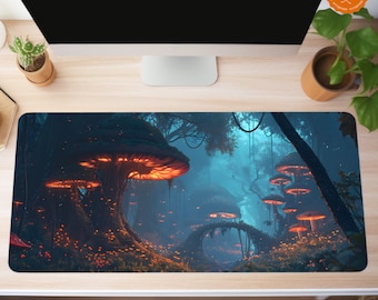 Dark Mushroom Desk Mat | Cute Trees and Glowing Mushrooms | Dark Magical Blue Forest | Aesthetic Gaming Gift for Nature Lover | Office Decor