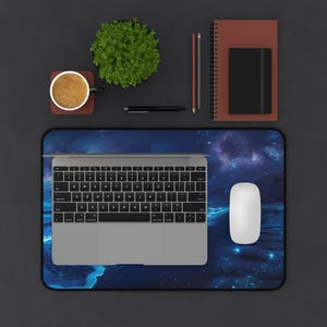 Bioluminescent Beach Desk Mat, Glowing Waves Keyboard Mat, Office Accessory Gift, Ocean Theme Large Desk Decor, Starry Night Sky Mousepad 12" × 18"