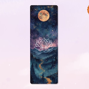 May include: A yoga mat with a watercolor design of a starry night sky, a full moon, and a white lotus flower. The background is a dark blue with hints of purple and pink. The moon is a bright orange color. The lotus flower is in the center of the mat and is surrounded by a dark blue and purple sky. The mat is perfect for yoga, meditation, or simply relaxing.