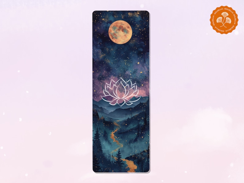 May include: A yoga mat with a watercolor design of a starry night sky, a full moon, and a white lotus flower. The background is a dark blue with hints of purple and pink. The moon is a bright orange color. The lotus flower is in the center of the mat and is surrounded by a dark blue and purple sky. The mat is perfect for yoga, meditation, or simply relaxing.