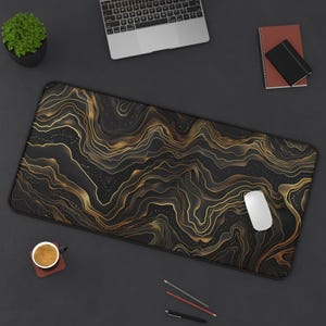 Dark Topography Desk Mat, Black Gold Wavy Keyboard Mat, Home Office Decor & Gaming Mousepad Gift,  Abstract Topographic Map Desk Pad