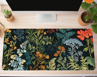 Desk Mat: Aesthetic Custom Large, Cozy Office Decor, Dark Cottagecore Nature, Vintage Botanical Garden - Green Blue Plant, Wild Plants Vibes