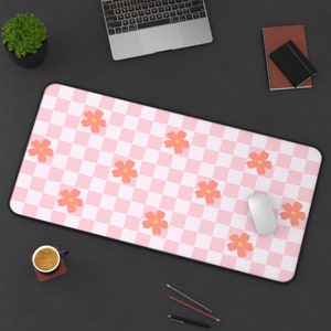 Desk Mat: Cute Pink Checkered Aesthetic Deskmat, Unique Office Accessory, Floral Vintage Look Checkerboard, Funky Mousepad, Cozy Gamer Decor 15.5" × 31"