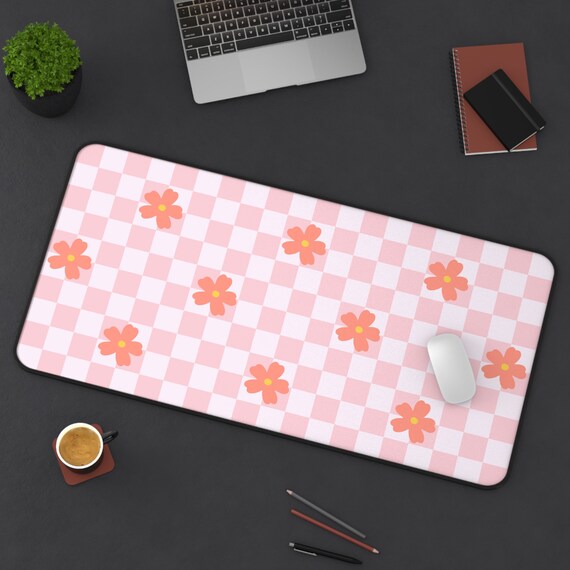 Desk Mat: Cute Pink Checkered Aesthetic Deskmat, Unique Office Accessory, Floral Vintage Look Checkerboard, Funky Mousepad, Cozy Gamer Decor