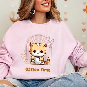 Cat Sweatshirt, Cozy Coffee Cat, Funny Feline Fashion, Trendy Kitty Mom Shirt, Perfect Gift for Her, Cat Lover&#39;s Sweater, Caffee Lovers gift