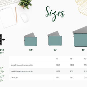 May include: Image showing laptop sleeve sizes: 12", 13", and 15". The sleeves are teal with black trim. Dimensions are listed in inches: length, height, and depth (0.91"). The word "Sizes" is written in cursive.
