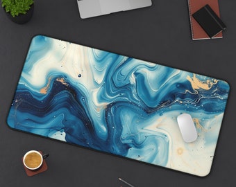 Abstract Desk Mat: Minimalistic Watercolor Office Decor, Cute Gamer Accessory, Unique Blue Marble Mousepad, Fluid Art Large Keyboard Pad
