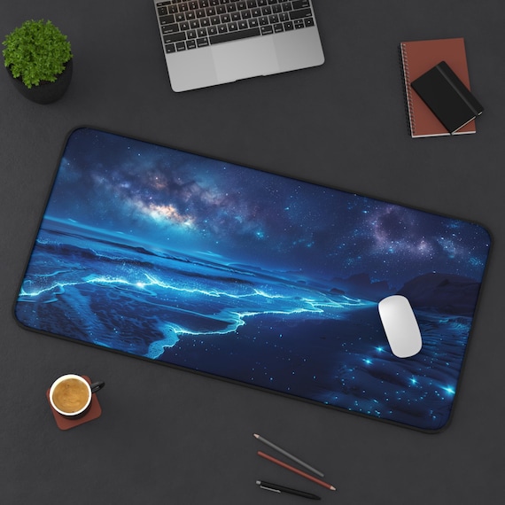 Bioluminescent Beach Desk Mat, Glowing Waves Keyboard Mat, Office Accessory Gift, Ocean Theme Large Desk Decor, Starry Night Sky Mousepad