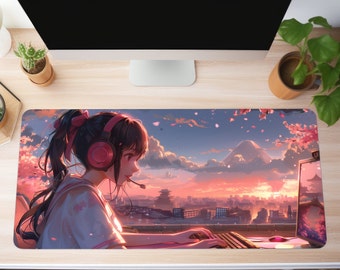 Lofi Anime Desk Mat | Cute Anime Gamer girl | Pink Kawaii Gift for Anime Lovers | Aesthetic Keyboard & Gaming Mat | Office Decor