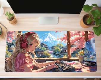 Cute Lofi Anime Desk Mat | Lofi Aesthetic Keyboard & Gaming Mat | Cute Anime Gamer girl | Pink Kawaii Gift for Anime Lovers | Office Decor