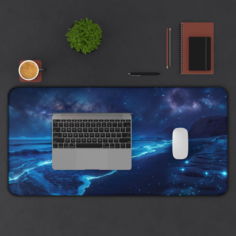 Bioluminescent Beach Desk Mat, Glowing Waves Keyboard Mat, Office Accessory Gift, Ocean Theme Large Desk Decor, Starry Night Sky Mousepad 16" × 32"