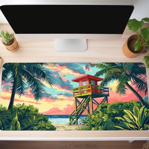 May include: A colourful illustration of a lifeguard stand on a beach with palm trees and a sunset sky. The lifeguard stand is red and yellow with a ladder leading up to the top. The palm trees are green and have lush foliage. The sky is a mix of pink, orange, and blue.