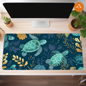 Cute Turtle Desk Mat | Blue Green Turquoise Illustration | Large Gaming Mouse Pad | Ocean Theme Office Decor | Blue Sea Turtle Lovers Gift