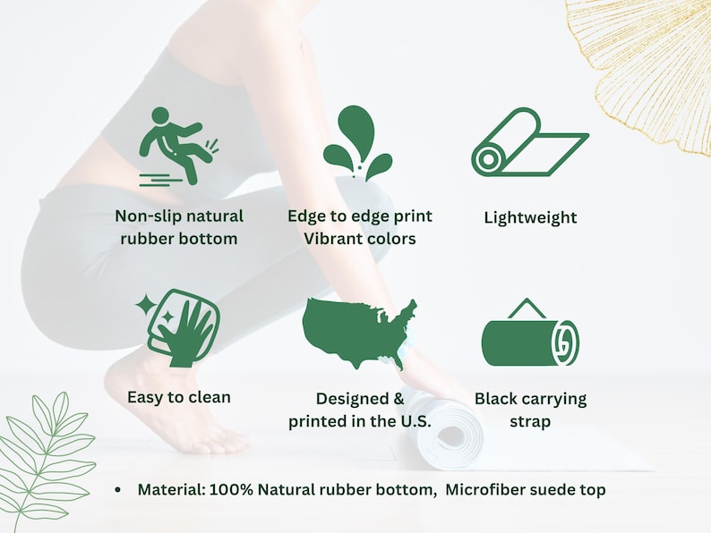May include: A green yoga mat with a non-slip natural rubber bottom, edge-to-edge print, vibrant colors, and a black carrying strap. The mat is lightweight and easy to clean. It is designed and printed in the U.S. Material: 100% Natural rubber bottom, Microfiber suede top.
