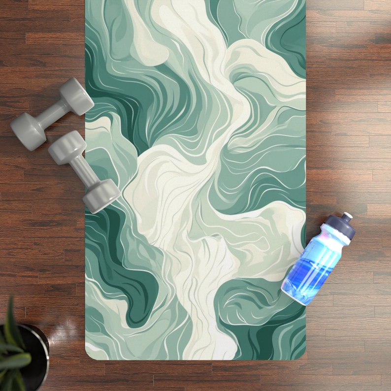 Yoga Mat: Green wavy Meditation Mat, Natural Rubber Fitness Mat, Gift for Her Him, Anti-Slip Exercise Mat, Lightweight Yoga Mat for Travel image 5