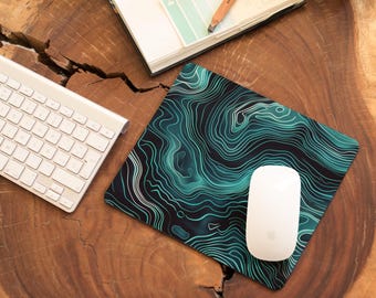 Blue Turquoise Topography Mouse Pad, Abstract Contour Lines Desk Accessory, Elegant Office Decor Gift, Modern Computer Mat, Gaming Mousepad