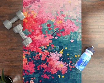 Yoga Mat: Pink Cherry Blossom Design, Natural Rubber Fitness Mat, Gift for Her, Meditation Mat, Anti-Slip Exercise Mat, Yoga colorful Art