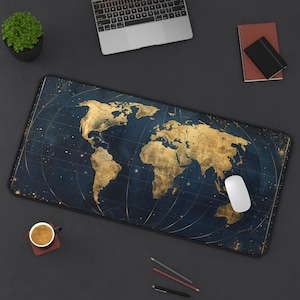 World Map Desk Mat | Extra Large Navy Blue & Gold Globe, Non-slip Mousepad, Minimalistic Office Decor, Eco-Friendly Gaming Keyboard Mat