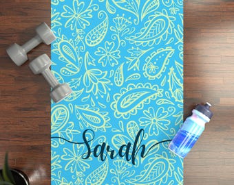 Custom Yoga Mat, Blue Floral Paisley Botanical, Personalized Exercise Mat, Natural Rubber Fitness, Anti-Slip Meditation Mat, Gift for Her